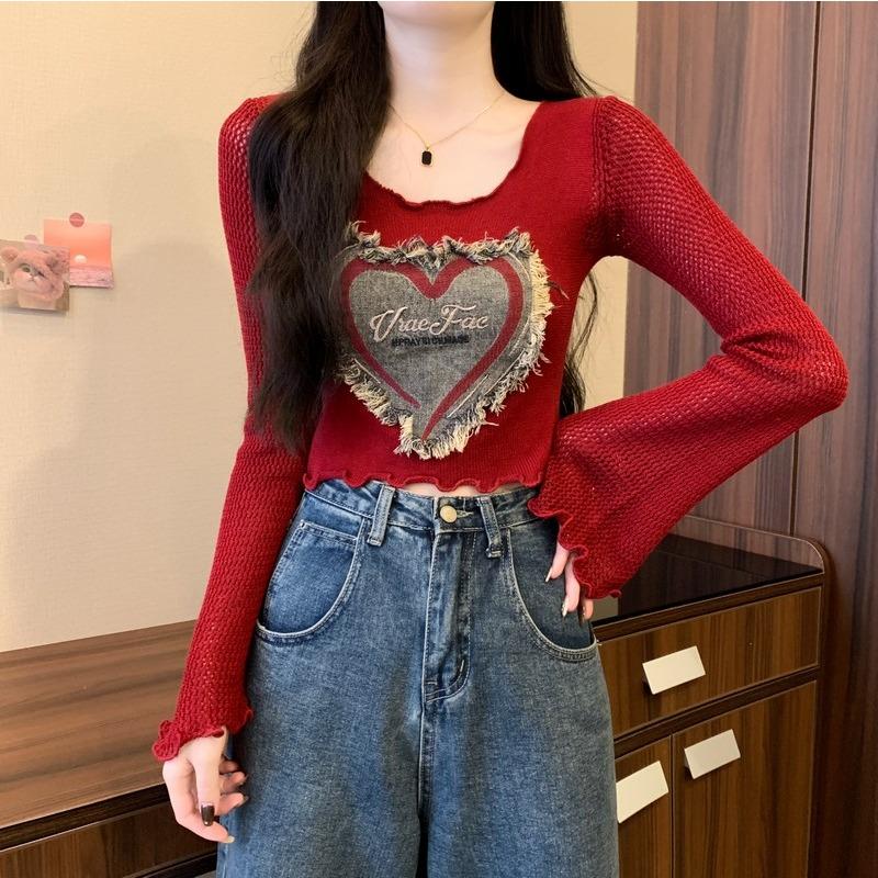 

Весна Осень Женский Шикарный Ажурный Рукав Fare Джинсовый Вязаный Свитер Сердце Короткий Пуловер Топы Для Девочки One Size