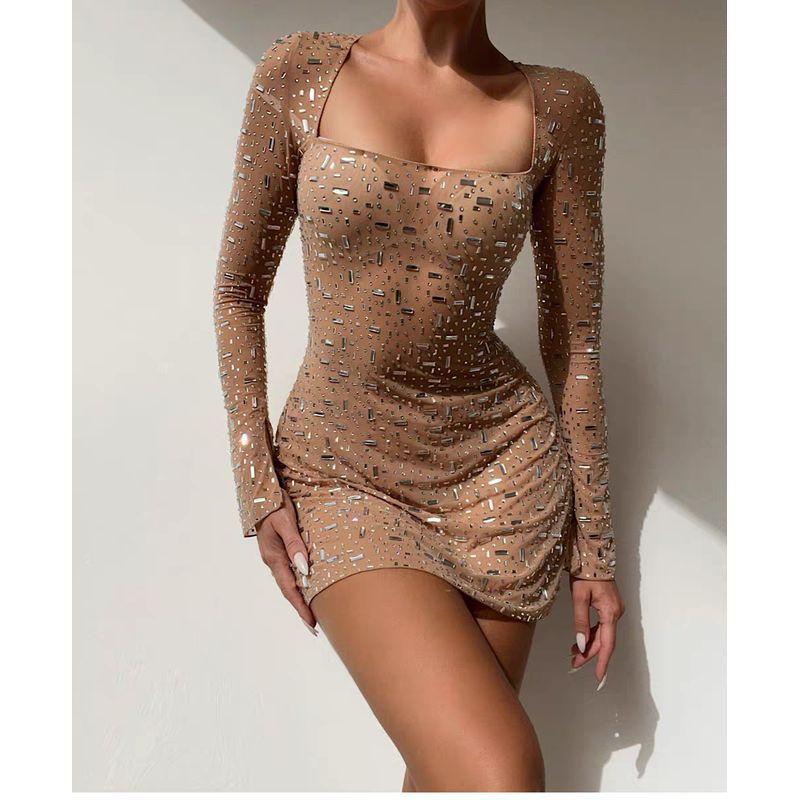 

Модное сексуальное платье с суперблестящими стразами, длинными рукавами, квадратным вырезом, приталенное и сексуальное, облегающее платье из прозрачной сетки Apricot color M