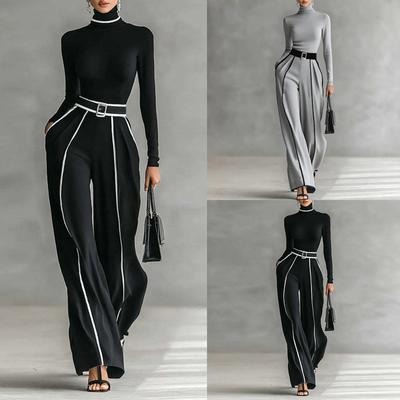 Conjunto de Duas Peças Moda Feminina Manga Longa Casual Calças de Perna Larga