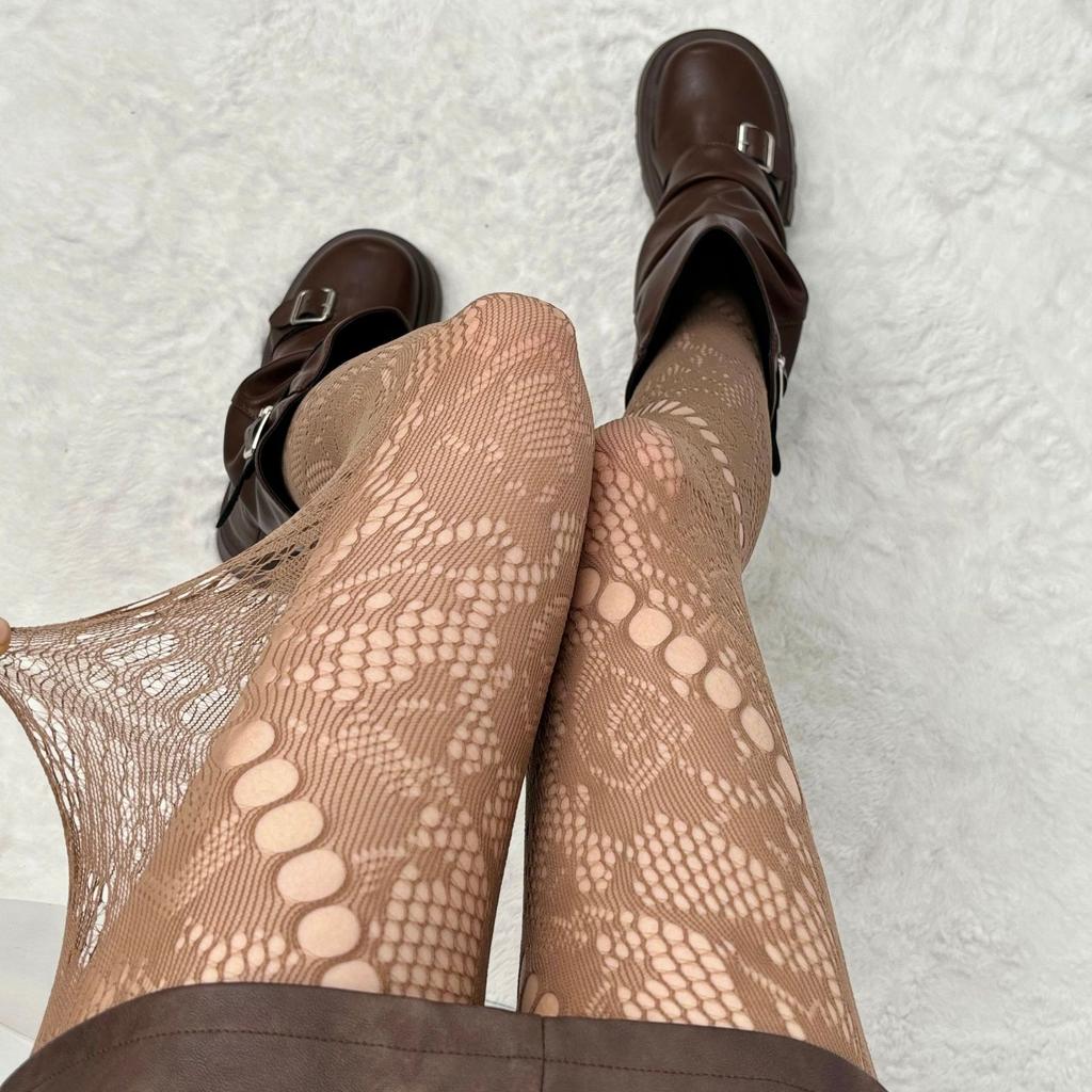 Sexy Hollow Lace Fishnet Socks American Stockings Retro Coffee Vertical Striped Pantyhose Women With Leg Covers