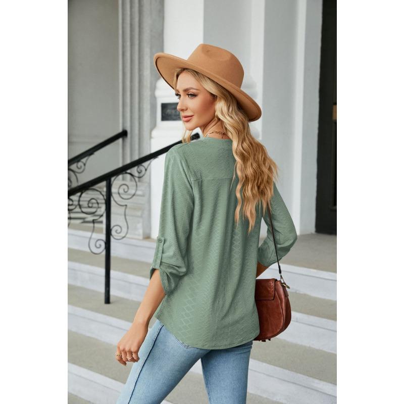 YYFS Blusas y camisas con cuello en V y mangas 3/4 con estampado de color sólido informal para verano y primavera para mujer