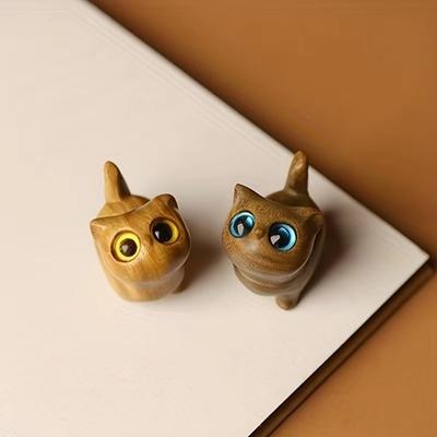 Cute Handcrafted Kitten Figurine Miniature Wooden Cat Home Decor Carving Cat Ornaments