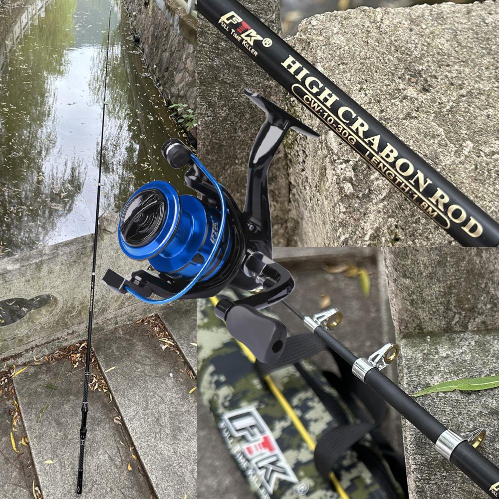 FTK 106pcs 1.8m Fishing Rod and Reel Float Lure Set Carbon Fiber Telescopic Fishing Rod  Spinning Reel for Saltwater Freshwater