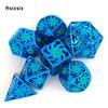 7 Pcs Blue Green Windmill Metal Dice Hollow Metal Polyhedral Dice Set Suitable for Role-Playing RPG  Board Game Card Game