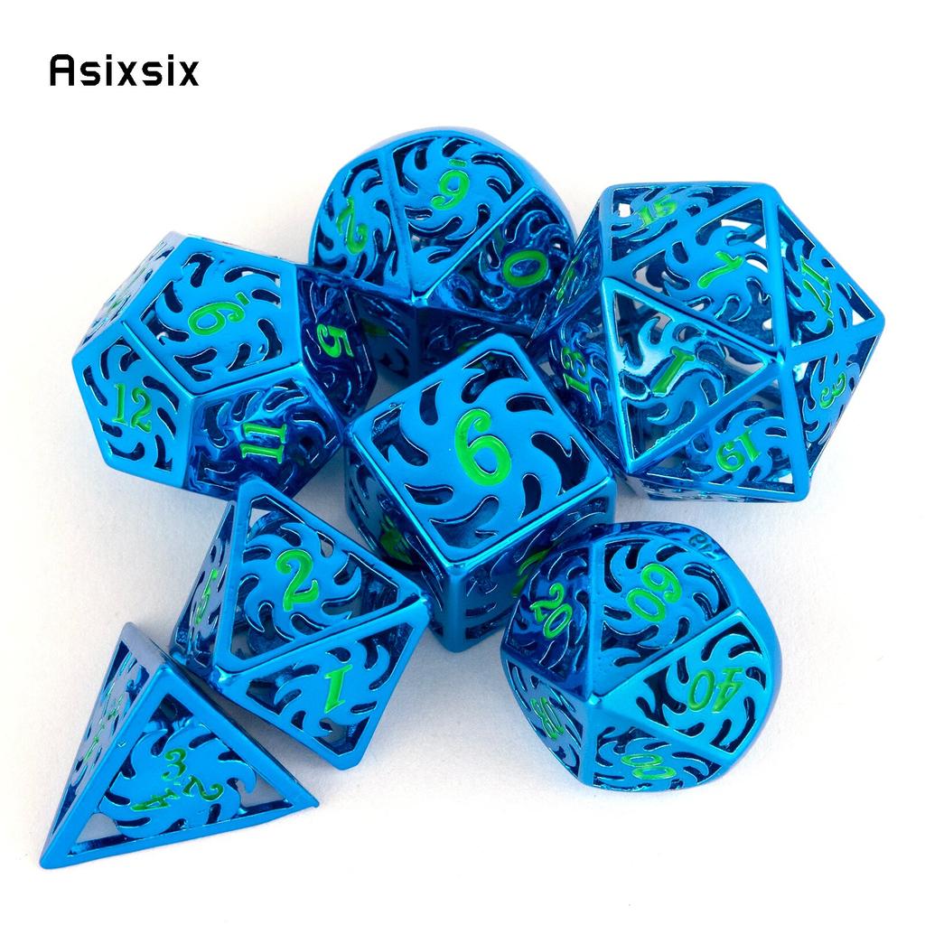 7 Pcs Blue Green Windmill Metal Dice Hollow Metal Polyhedral Dice Set Suitable for Role-Playing RPG  Board Game Card Game