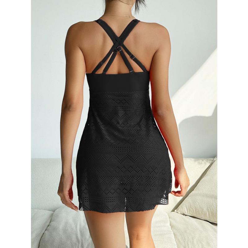Solid Color Women's Red Lace Crochet Swimdress - One Piece Skirted Bathing Suit