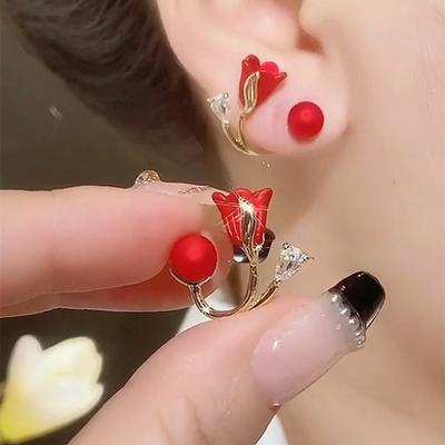 New Red Earrings for Women Tulip Earrings Japanese and Korean Light Luxury Flower Back-hanging Earrings