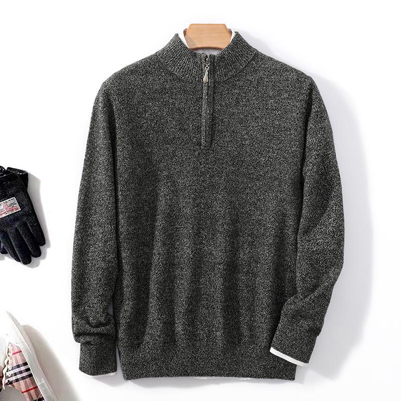 Men's 100% Pure Wool Half-Zip Sweater - Thickened Knit Base Layer for Autumn and Winter