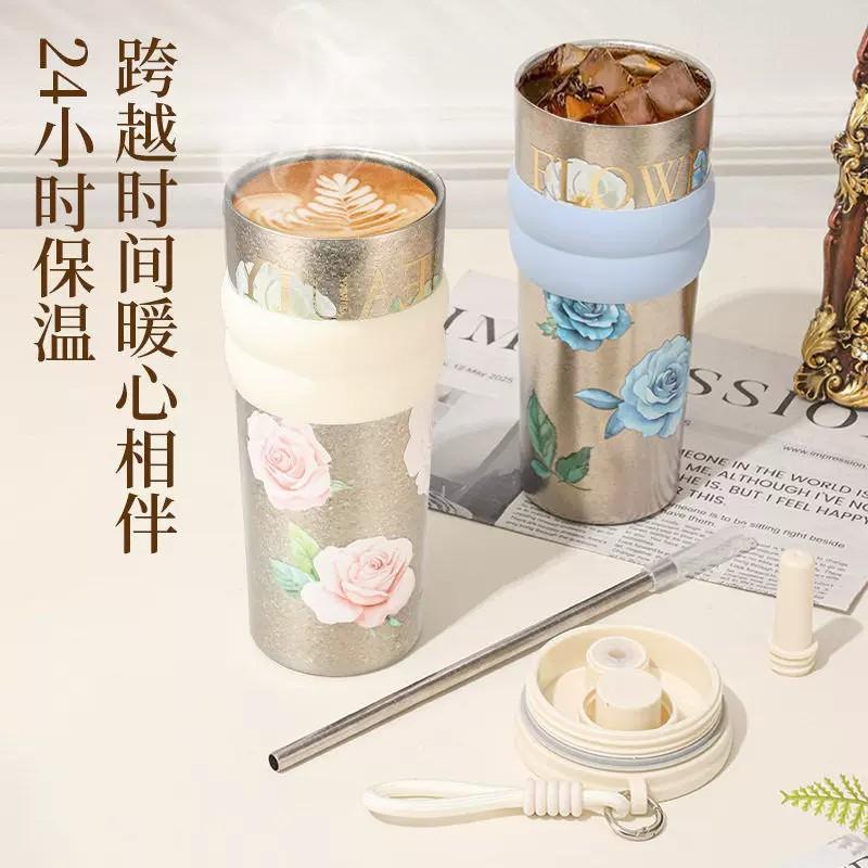 New high-end accompanying coffee cup pure titanium thermos cup girls cup large capacity car portable straw cup