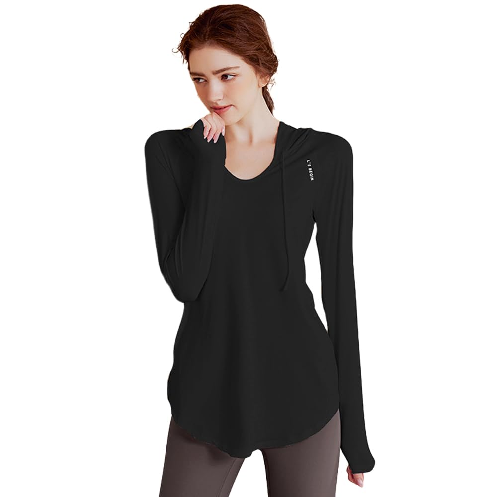 

Karsaer Худи женское с длинным рукавом для йоги и идеально подходящее для тренажерного зала A8148, Топ, Удобное, Быстросохнущее, Дышащее, Бег, чёрный