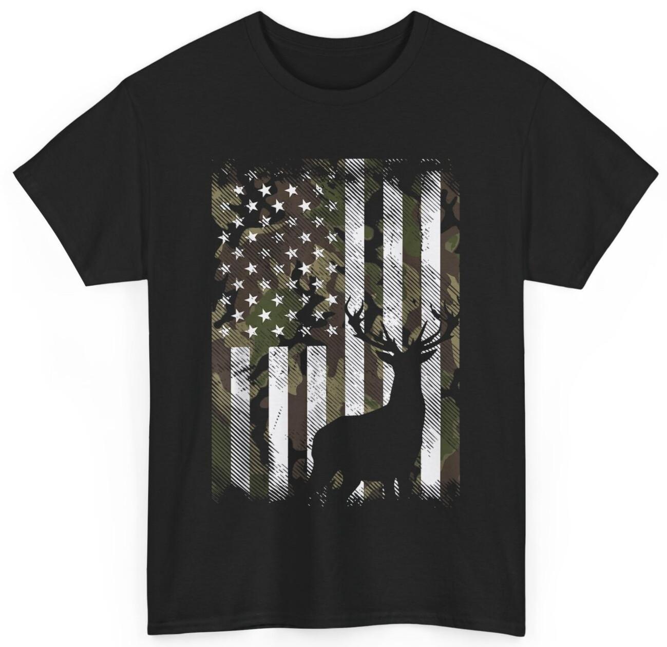 Camo US Flag Deer Elk Buck Camoflage Hunting Hunter Dad Gift T-shirt L