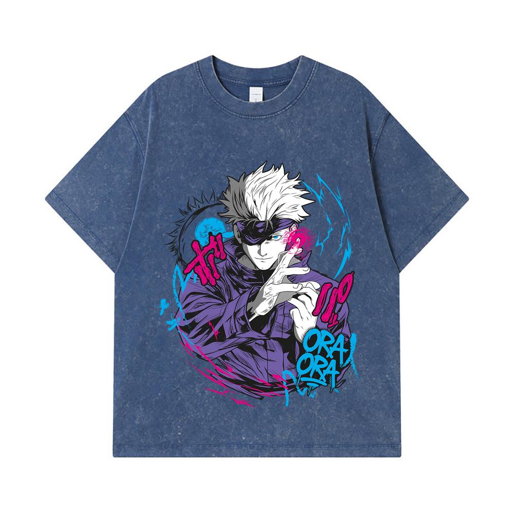 275 GSM Washed T-shirts 100% Cotton Jujutsu Kaisen V59 Gojo Print Unisex Heavy Cotton T Shirt
