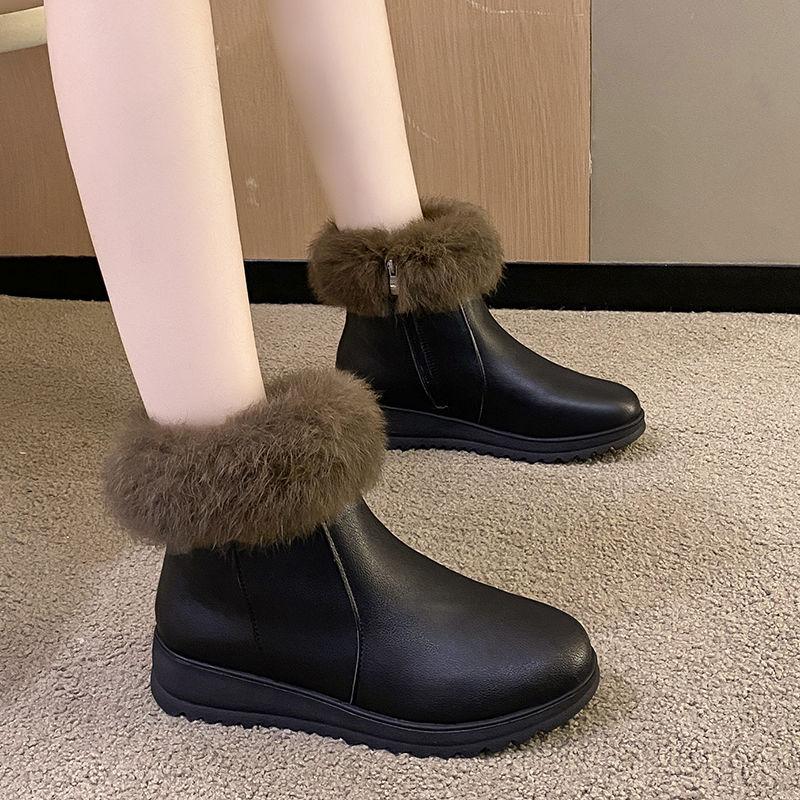 Booties Women  Faux Leather Anti Slip Mom Shoes Large Size Wedge Natural Wool Winter Women's Snow Boots