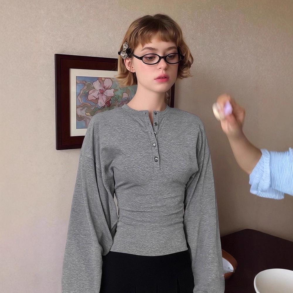 Damen Grau Retro Henley Großärmel Schlankmachendes Oberteil
