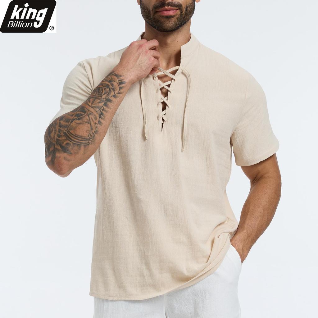Summer Retro Men's Lace-up Neck Shirt - Cotton Linen Blend Breathable Stylish Casual Tops Solid Color Beach & Vacation Shirts in Solid Colors