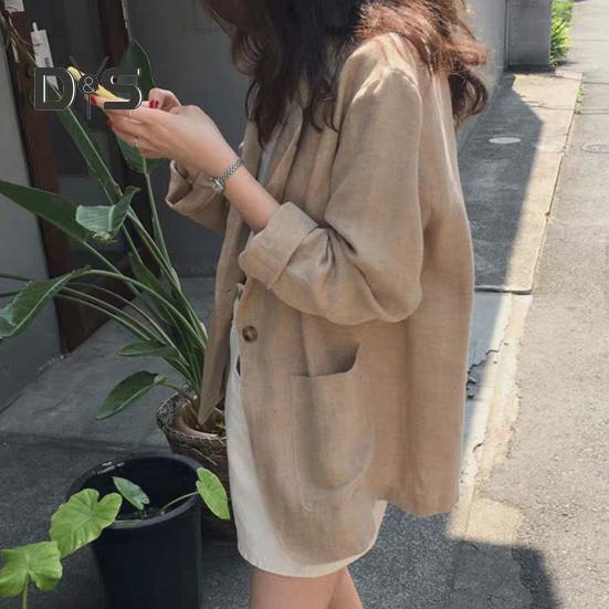 Women's Casual One Button Cotton Linen Blazer Long Sleeve Suit Coat Casual OL Work Blazer Jacket for Spring Summer