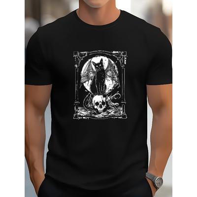European Size Bat Cat Skull Gothic T-Shirt - Bat-Winged Cat & Skull Print Occult Punk Metal Tee, 100% Cotton Loose Fit  Shirt for Men