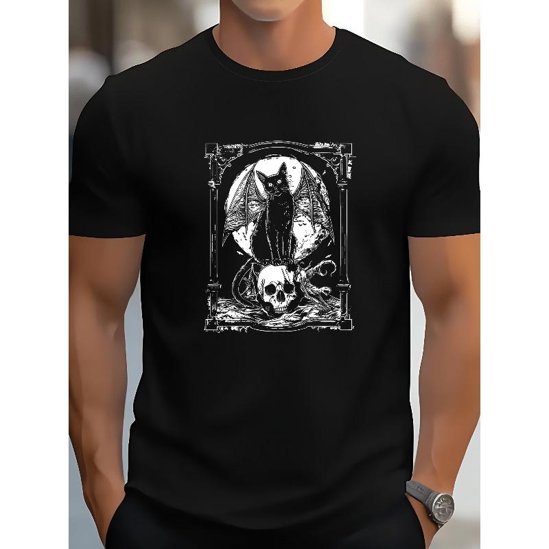 European Size Bat Cat Skull Gothic T-Shirt - Bat-Winged Cat & Skull Print Occult Punk Metal Tee, 100% Cotton Loose Fit Shirt for Men
