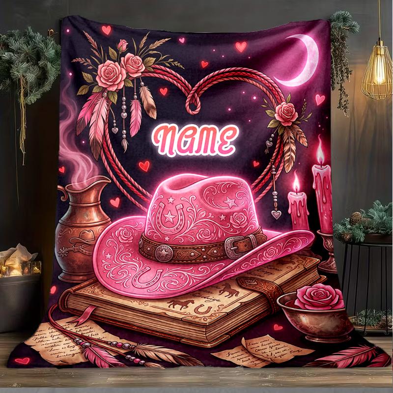 1PC Custom Name Western Romance Night Outdooor Flannel Blankets Throw Blanket All-Season Throw Gift Bedspread for Couch, Bed, Camping Holiday Birthda