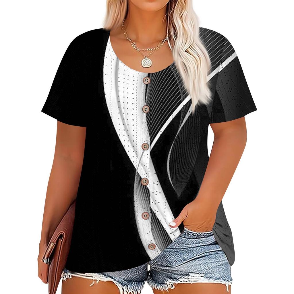 Plus Size Women's Fashion Casual Vintage Printed O-Neck Short Sleeve Button T-Shirt Top