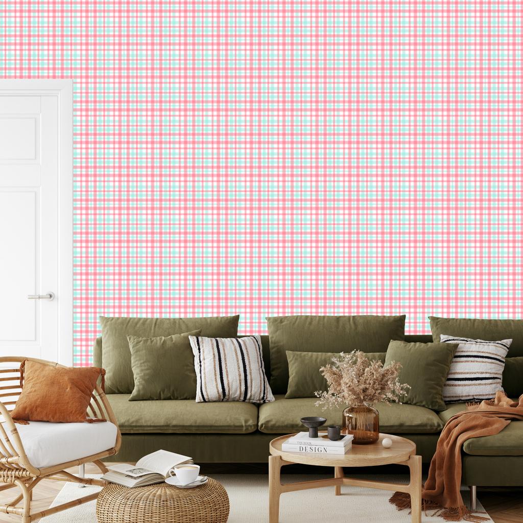 Candy Coral and Light Gray Plaid Wallpaper 50x1000