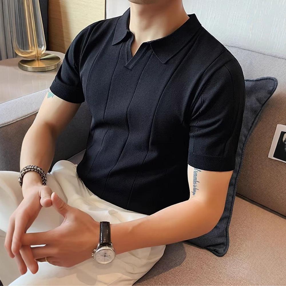 Men's Summer Striped Knit Polo Shirt – Short Sleeve, Slim Fit, V-Collar, Business Casual