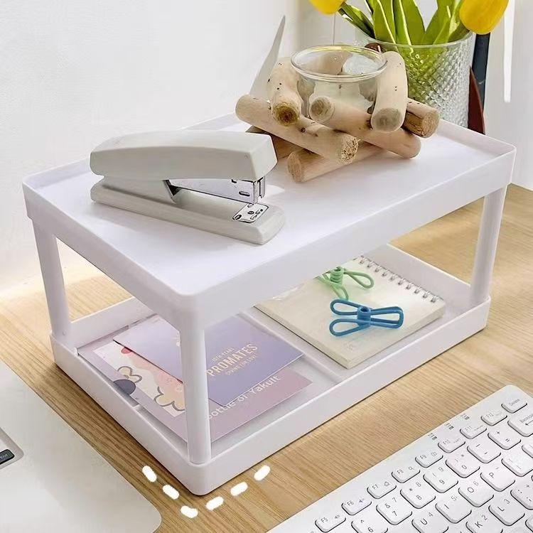 Double-Layer Desktop Storage Rack - Solid Color for Cosmetics and Stationery Organization