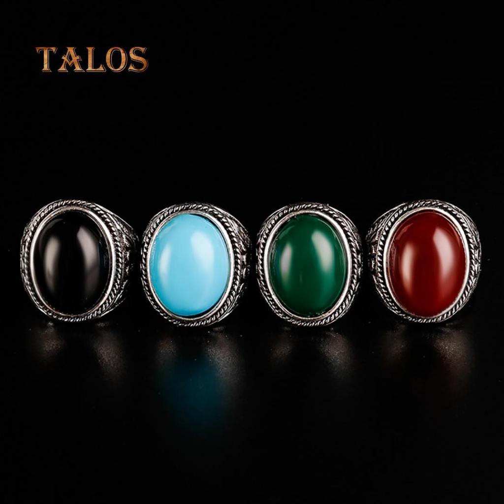 Men Vintage Artificial Gem Finger Ring Carving Band Jewelry Party Banquet Gift Accessories