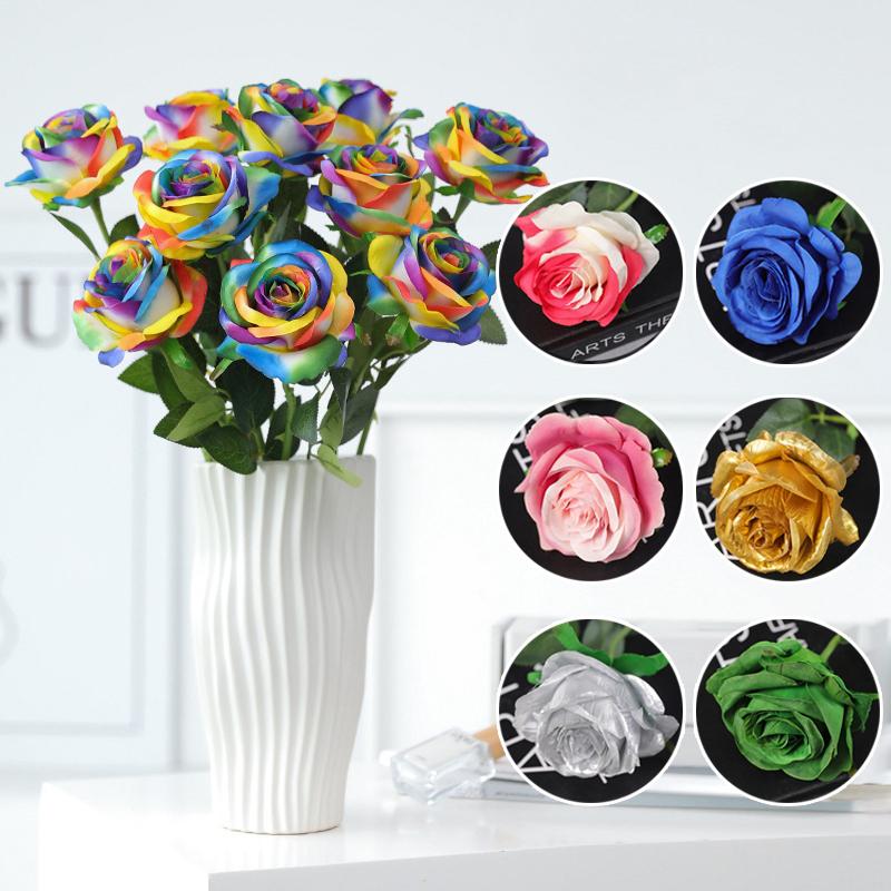 Lifelike Silk Rainbow Roses 3Pcs Real Touch Artificial Flowers for Bridal Bouquet Event Centerpiece Room Decoration