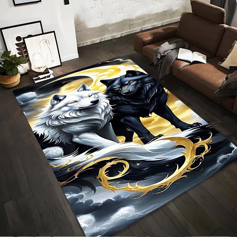 

Black and White Wolf Design Carpet with Moon and Swirling Patterns Suitable for use as an anti-slip for living room bedroom sofas 40x60cm( 15x23in )