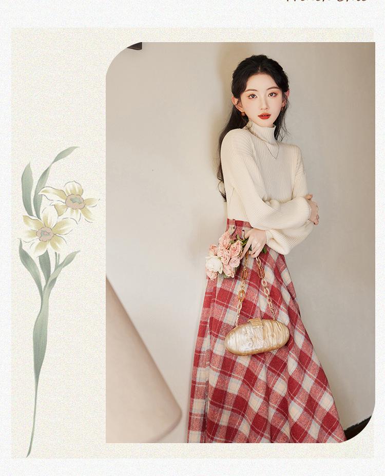 Dámský pletený svetr s vysokým límcem a vlněná áčková sukně Sweet Salt Style Podzim/Zima 2024