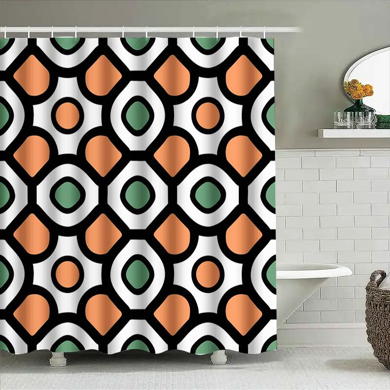 Modern Geometric Shower Curtain Set With Orange Green Black Pattern Bathroom Decoration Waterproof Fabric 72X84 Inch