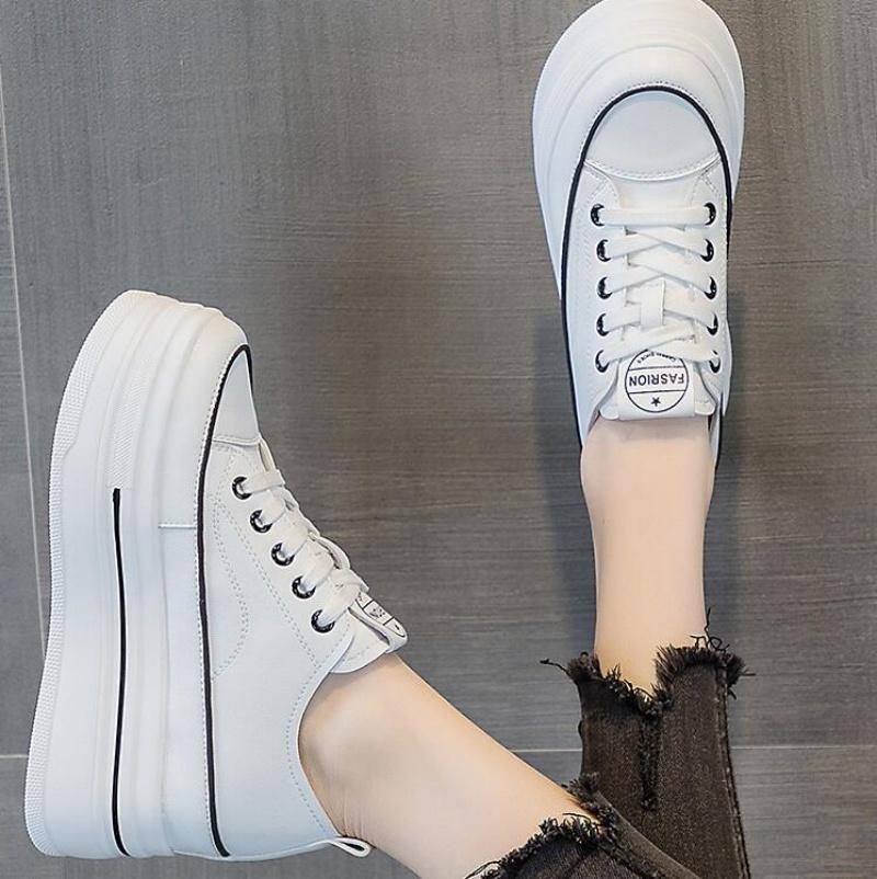 2024 8cm Echtes Leder Vulkanisiert Sommer High Brand Bequem Frühling Herbst Plateau Vulkanisiert Damen Klobiger Sneaker Slipper Schuhe