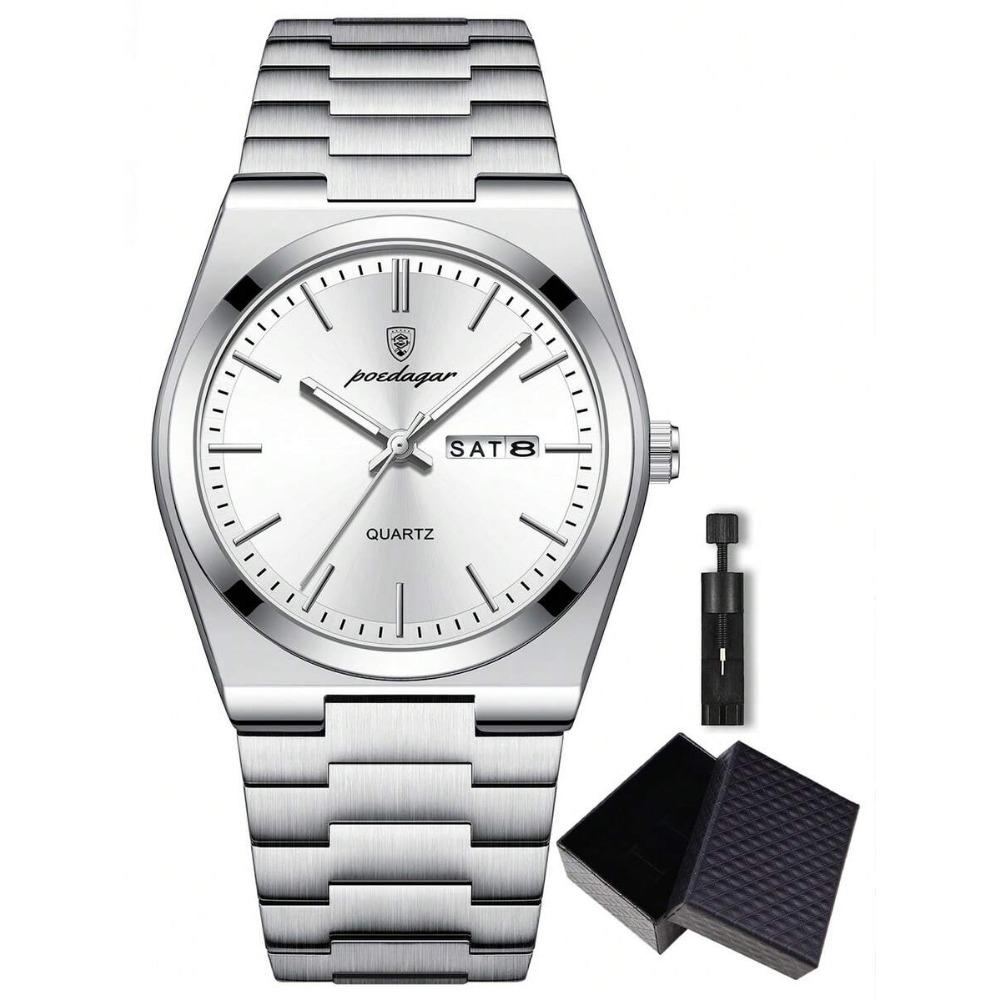POEDAGAR Modische Wasserdichte Leuchtende Edelstahl Herrenuhr mit Datums- und Wochentagsanzeige, Lässige Quarz-Armbanduhr + Geschenkbox silber/weiß