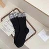 1 Pair Women's Socks Korean Plaid Retro Simple Versatile Curled Edge Mid Tube Socks Comfortable Breathable Socks