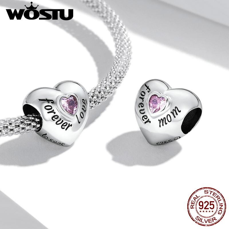 WOSTU 925 Sterling Silver Love Family Mom Dad Heart Zircon Charms Beads Pendant Fit Original Bracelet Necklace For Women Jewelry