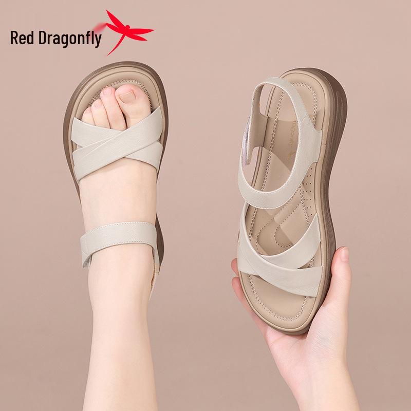 Red Dragonfly Women's 2026 Genuine Leather Flat Sandals - Thick-Soled, Soft Sole for Summer