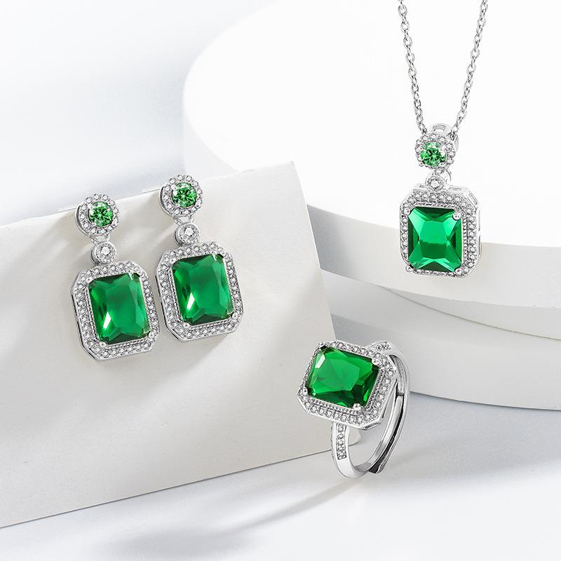Emerald Jewelry Necklace Earrings Ring European and American Luxury Three-piece Zircon Jewelry Ring Size:Adjustable