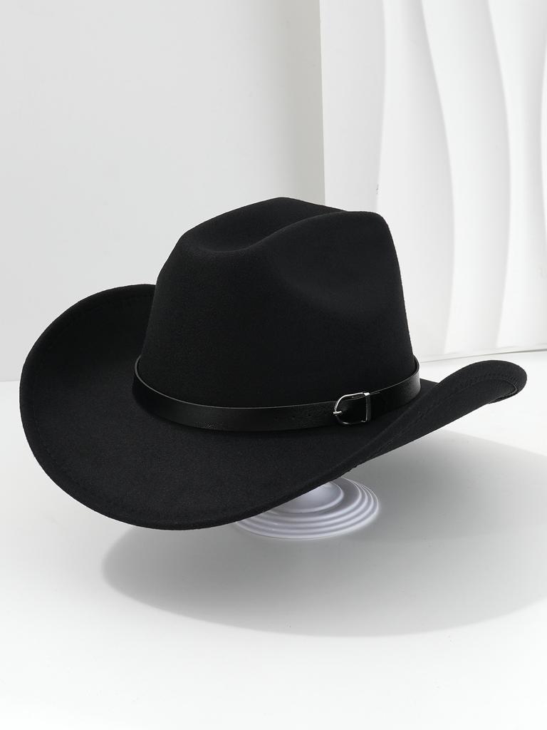 Vintage Black Cowgirl Hats with Personalized Metal Buckle Leather Belt Women Men Wide Brim Jazz Caps Western Fedora Hat