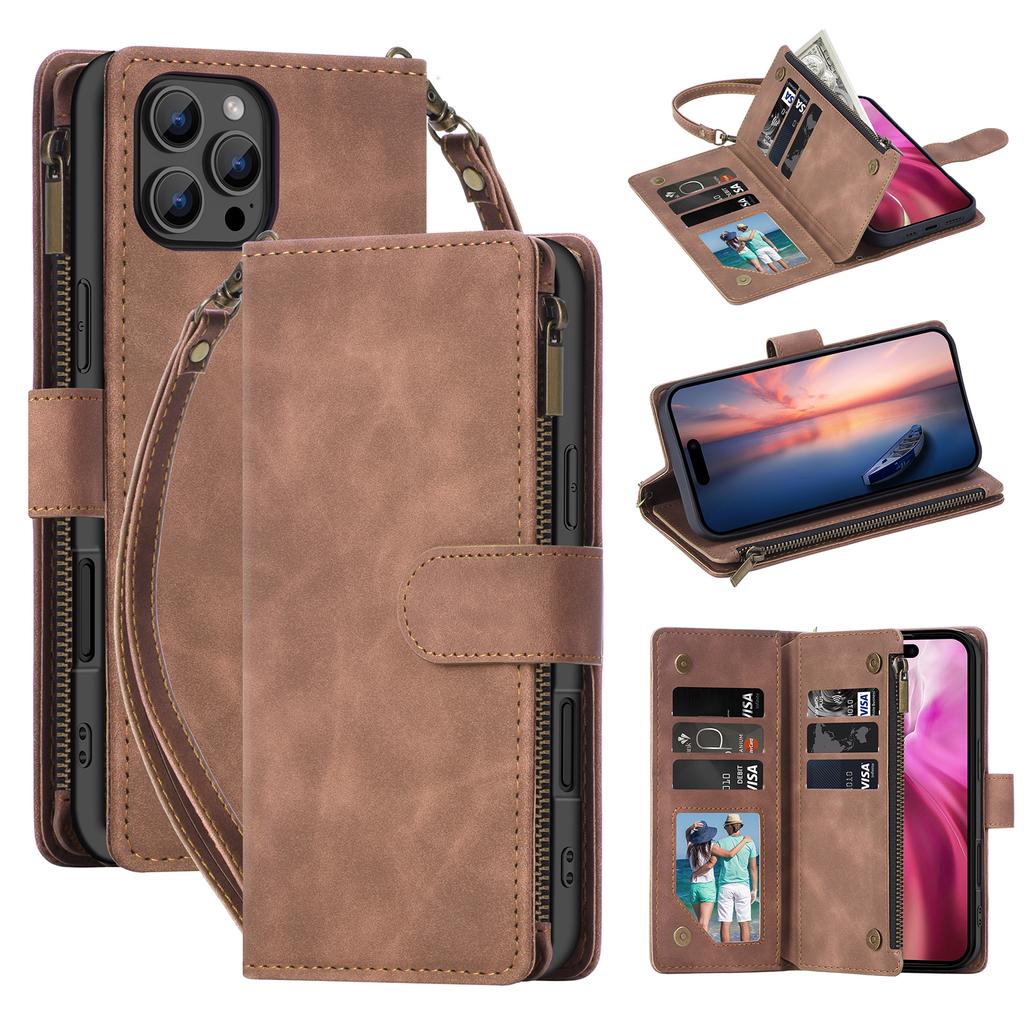 For iPhone 16 Pro Max Case Zipper Multi-Pocket Wallet Leather Phone Cover with Shoulder and Wrist Straps
