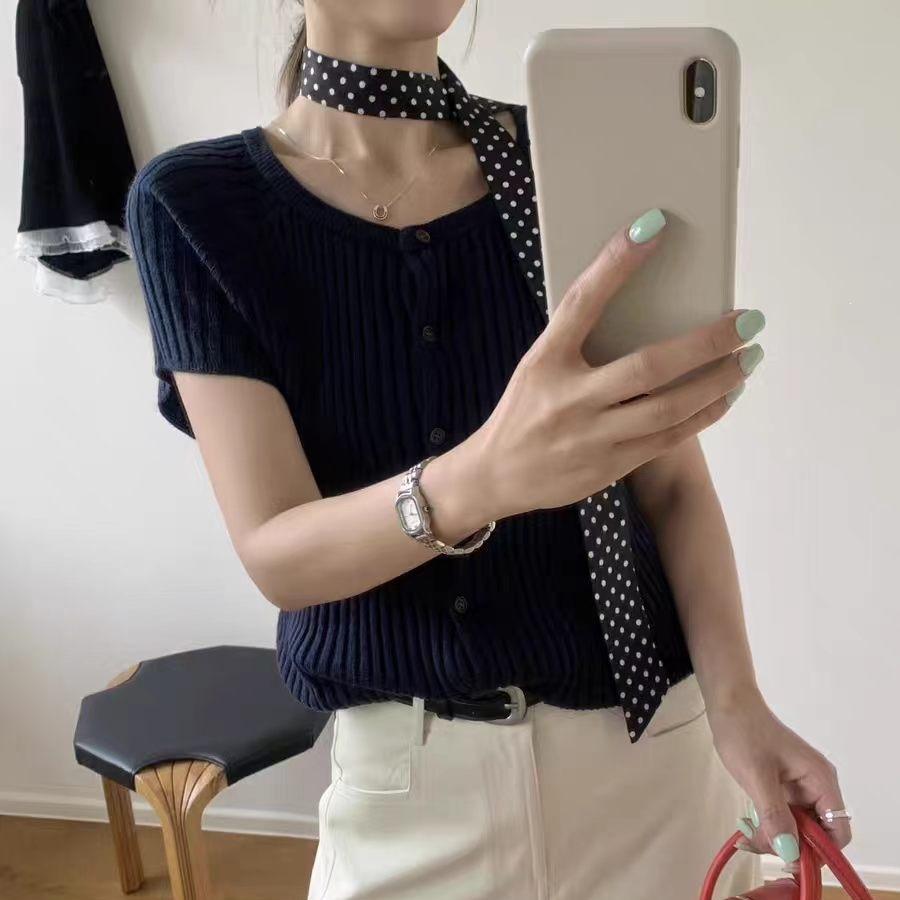 1116 spring and summer new versatile simple round neck pit strip thin short-sleeved knitted cardigan top women