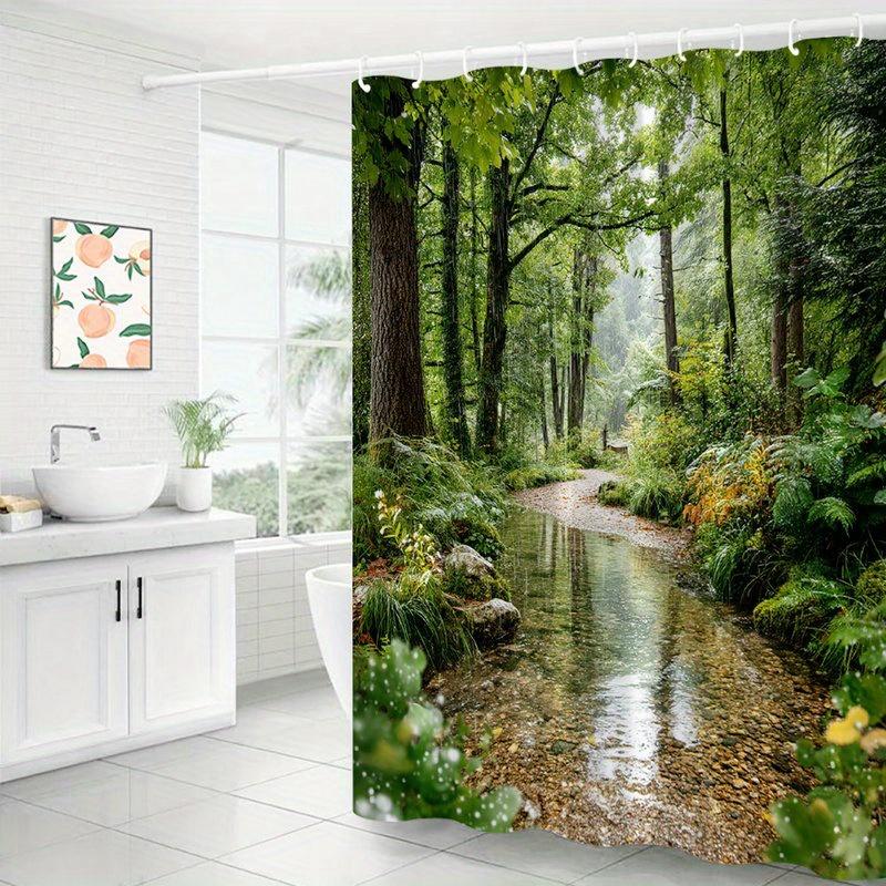 Waterproof Shower Curtain Featuring a Tranquil Forest Stream Scene for a Relaxing and Nature Inspired Bathroom Decor