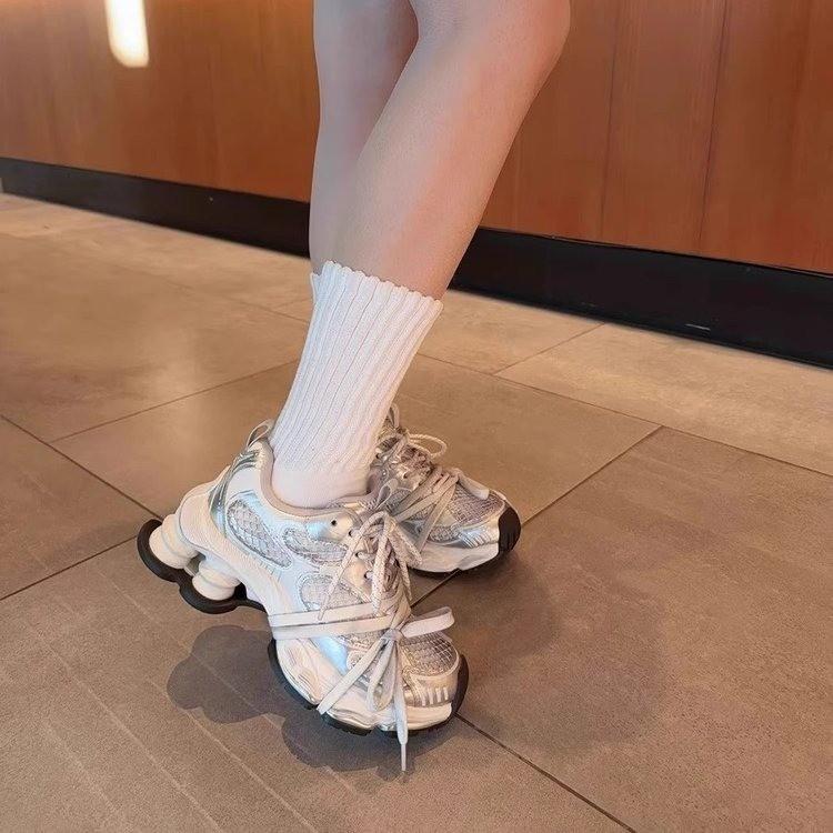 Silver Daddy Shoes Women's 2025 New Spring Leather Versatile Small Height Increasing Platform Sneakers