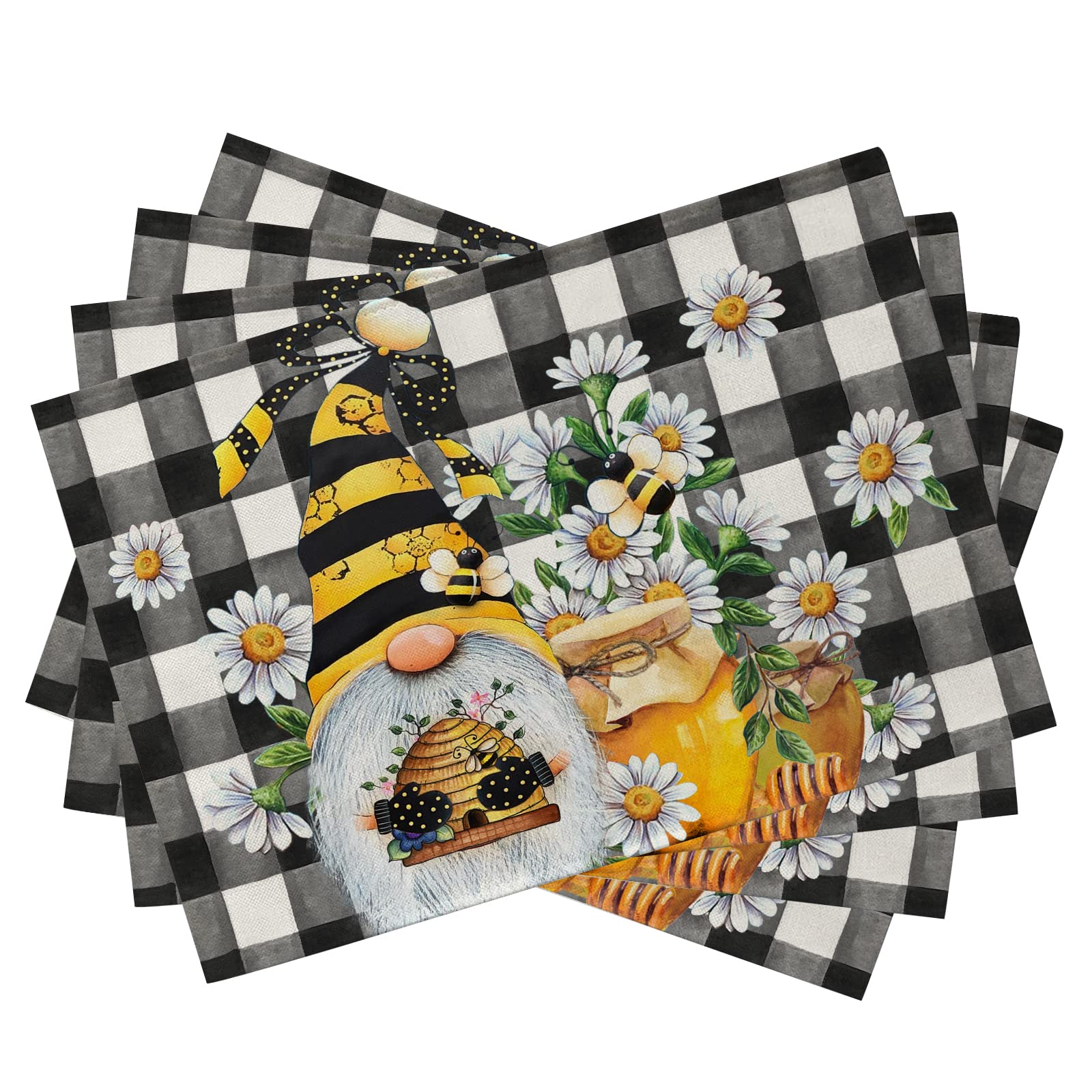 

Spring Bee Gnome Daisy Placemats Set of 4, Honey Black White Buffalo Check Plaid Dining Table Place Mats, Summer Seasonal Farmhouse Kitchen Dec 4Pcs-12 X18