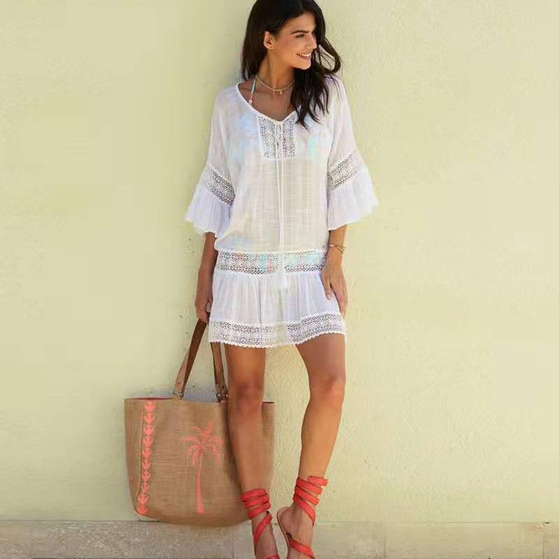Sexy Beach Vacation Beach Cover Dress With Lace Stitching And Flared Sleeves, Loose Bikini Sun Protection Jacket