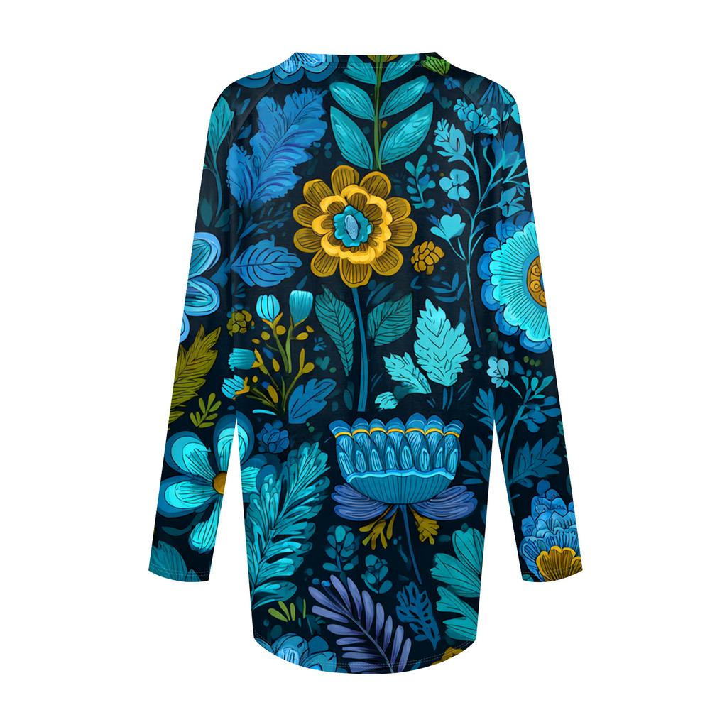Women's Fashionable Casual Long-Sleeved Retro Print V-Neck Mid-Length Top