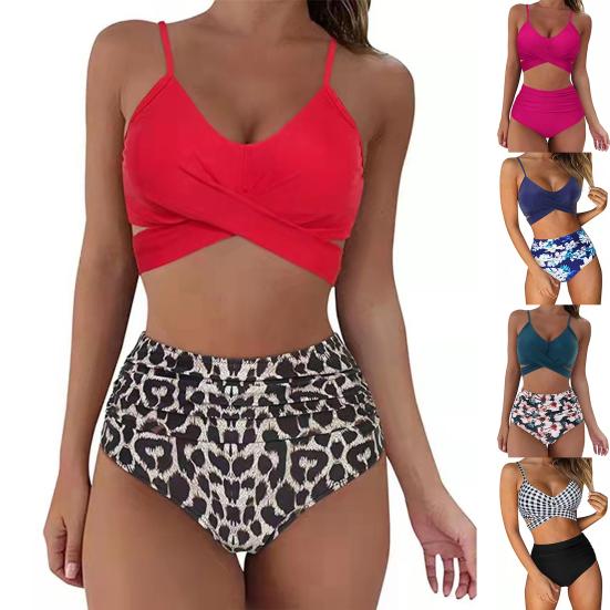 2Pcs/Set Printing Swimsuit Split Type Leopard Front Cross Bikini Set Beach