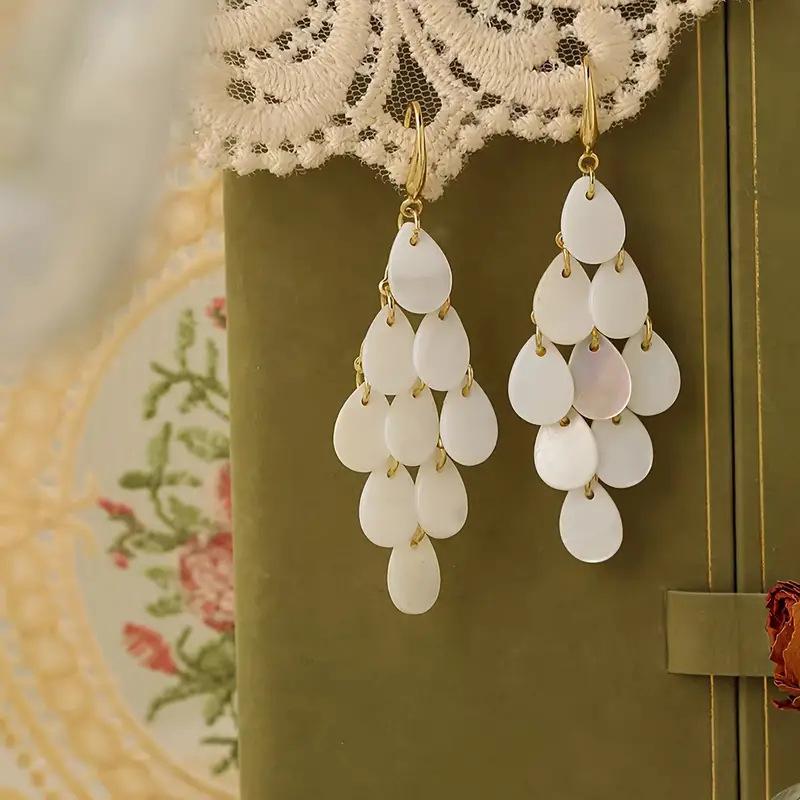 Bohemian White Shell Grape Beaded Long Earrings for Women Elegant Imitation Pearl Geometric Earrings  Party Jewelry