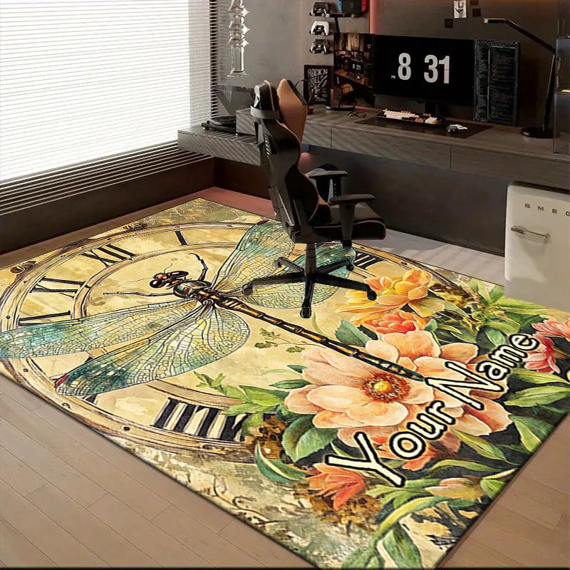 1PC Custom Name Dragonfly Time Garden Theme Floor Mat Ideal for Living Room, Game Rooms, Office, Bedroom, Floor Mat Playful Design
