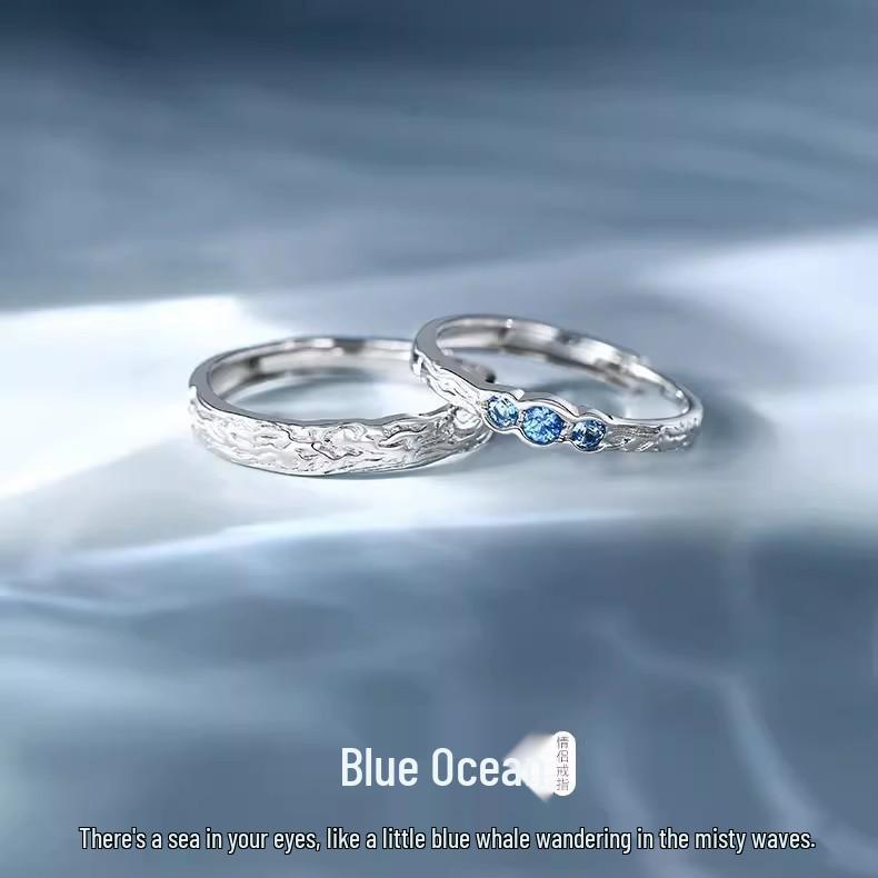 S925 Sterling Silver Blue Sea Couple Rings: Textured, Niche Design with Openable Feature for Men and Women - Perfect Valentine s Day Gift Women s Ring - S925 Pure Silver